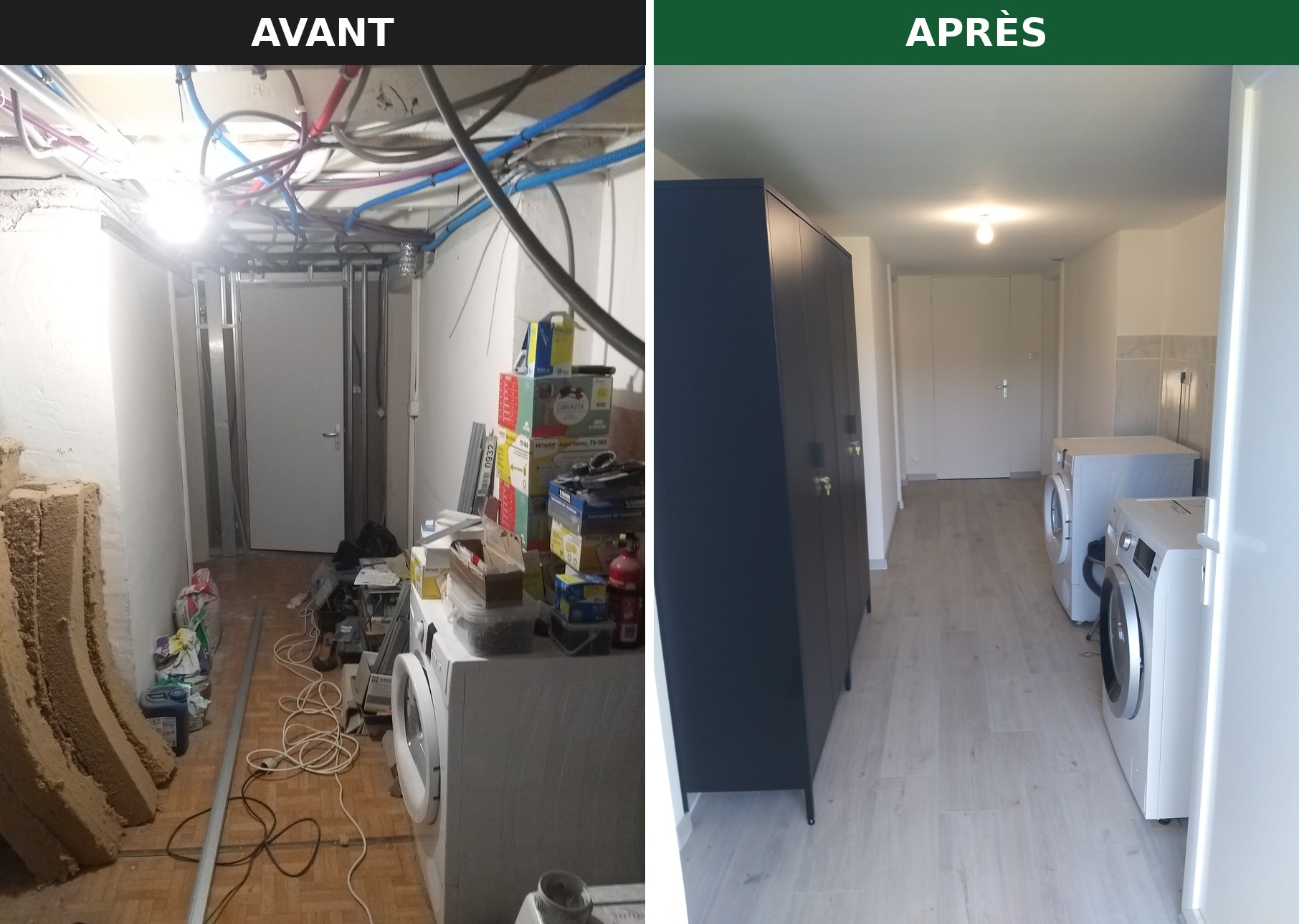 Aménagement de buanderie, vue complémentaire, avant et après